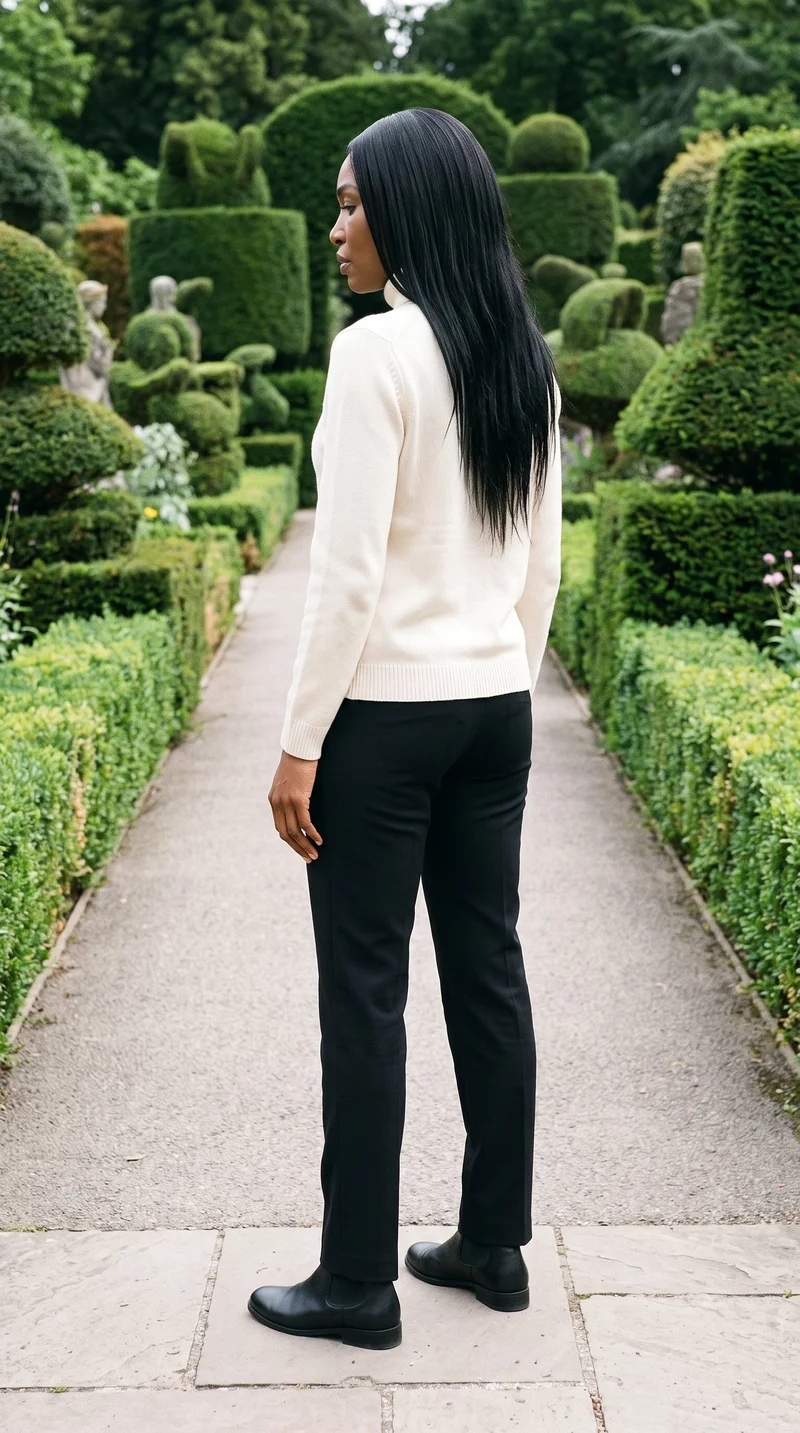 A 38-year-old African woman stands straight, shown in a full-body angled rear view, wearing a cream knit turtleneck. A topiary garden forms the backdrop.