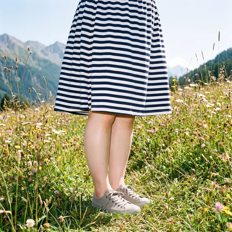 A striped sundress is shown on a female model, framed from the lower body at a front three-quarter angle with her feet together. A wildflower mountain meadow serves as the backdrop.