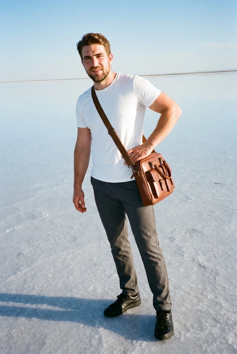 Brown Laptop Messenger Bag, Full body at Angled front, Clean Catalog lighting