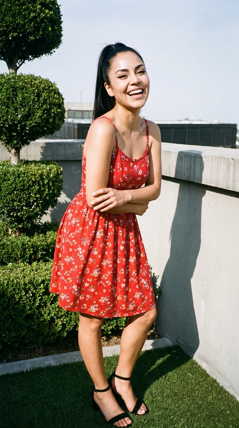 A 38-year-old Hispanic woman wears a red floral sundress in a full-body front three-quarter view, with her arms held low and a laughing expression. A rooftop garden serves as the backdrop.