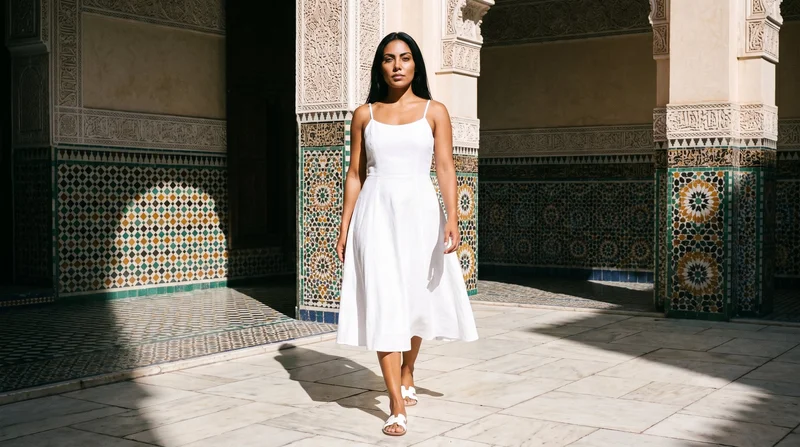 A 27-year-old Hispanic woman wears a white linen midi dress while walking, shown full body from the front with a sultry expression. A Moroccan riad courtyard forms the backdrop.