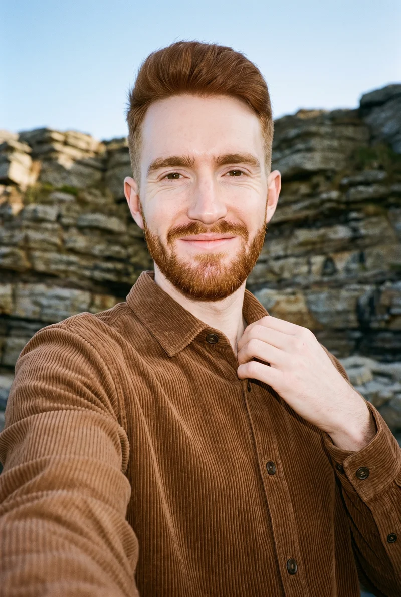 A smiling 22-year-old Caucasian man wears a brown corduroy overshirt in a front-view selfie taken over the shoulder. A Badlands backdrop is visible behind him.