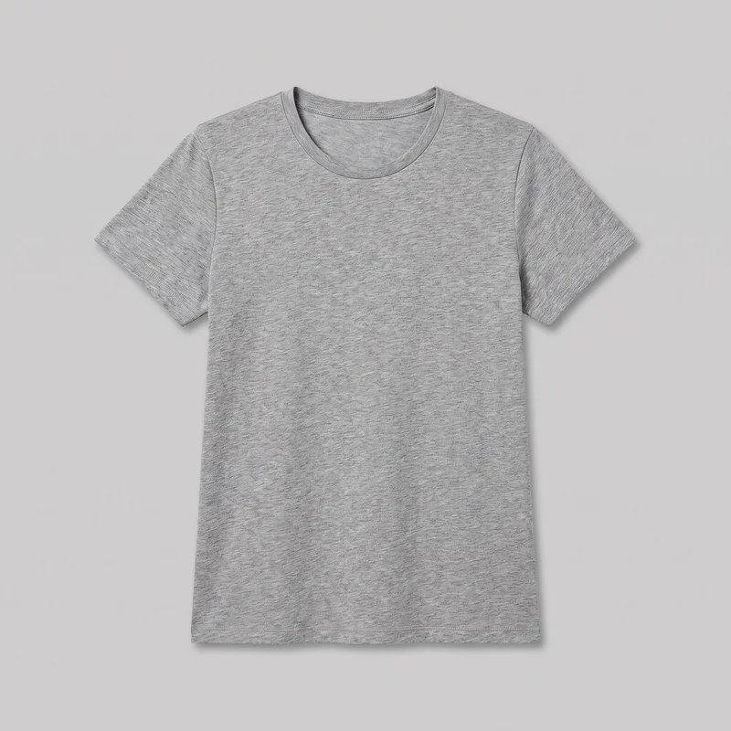 A mostly complete standalone view of a grey marl women's crew-neck T-shirt, shown flat from the front. It has a regular straight silhouette, short set-in sleeves, a round bound neckline, shoulder and sleeve seams, and a straight full-length body with a straight bottom hem. Double-row stitching is visible at the sleeve hems and bottom hem, and the plain front has no visible logos, prints, patches, embroidery, or embellishments.
