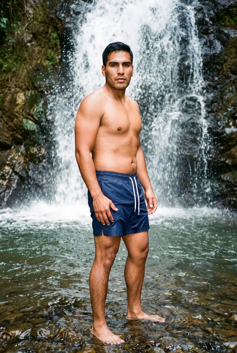 Navy Swim Shorts, Full body at Three-quarter, Clean Catalog lighting