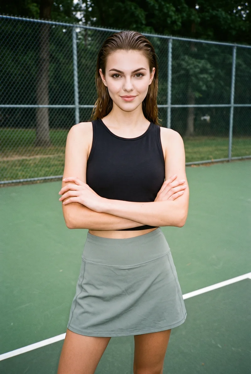 A 19-year-old Caucasian woman wears a black performance top in a three-quarter-length front view. She stands with her arms crossed and is smiling, with a tennis court backdrop.