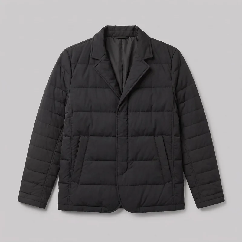 A mostly complete front view of a men's black puffer jacket laid flat against an unspecified backdrop. The blazer-style outerwear has horizontal quilted channels, structured shoulders, long sleeves, notched lapels, a rounded single-breasted front hem, and two lower angled welt pockets set into rectangular panels.