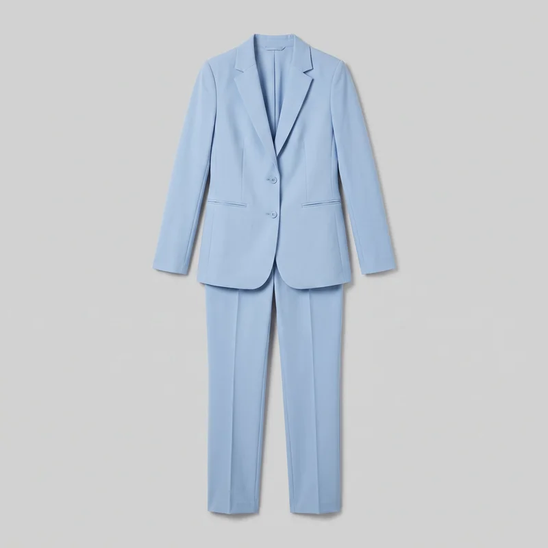 Powder blue women's two-piece tailored pantsuit shown in a full front view, with the blazer arranged over matching straight-leg trousers. The hip-length single-breasted blazer has structured shoulders, long straight sleeves, notched lapels forming a V-shaped opening, rounded front hem corners, a two-button closure, front shaping seams, and horizontal welt pockets. The full-length trousers have straight legs, pressed center creases, and plain hems. No logos, prints, patches, embroidery, or embellishments are visible.