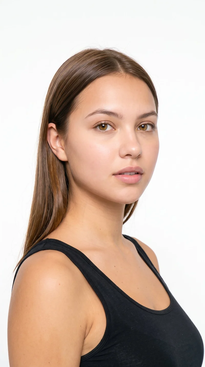A 22-year-old Hispanic woman with lightly tanned fair skin and an olive-green undertone has a youthful baby-faced appearance, with full cheeks and softly rounded facial contours. She has thick eyebrows, amber eyes with a golden tone, and full lips. Her neutral brown hair is straight, smooth, and evenly parted at the centre.