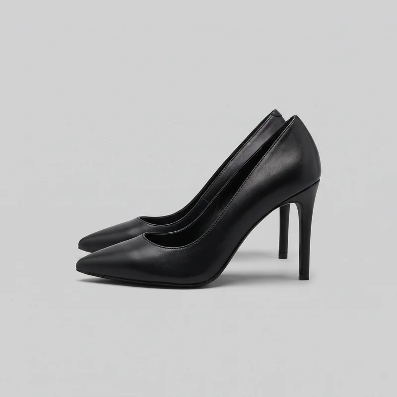 A pair of black pointed-toe pump heels is shown in a three-quarter side view. The shoes have low-cut openings, smooth uppers, slim high stiletto heels with small heel caps, and thin sole edges.