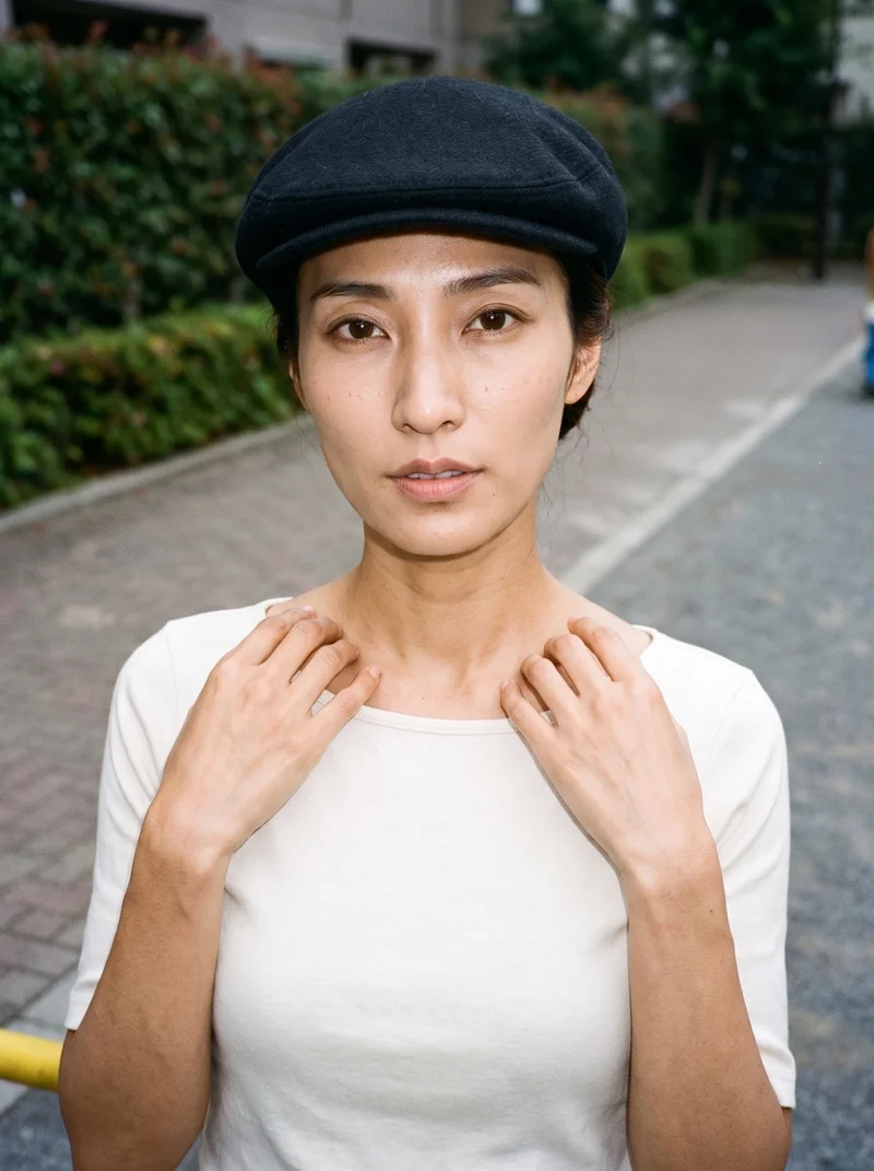 Women's Black Flat Cap, Bust at Front, Natural E-Commerce lighting