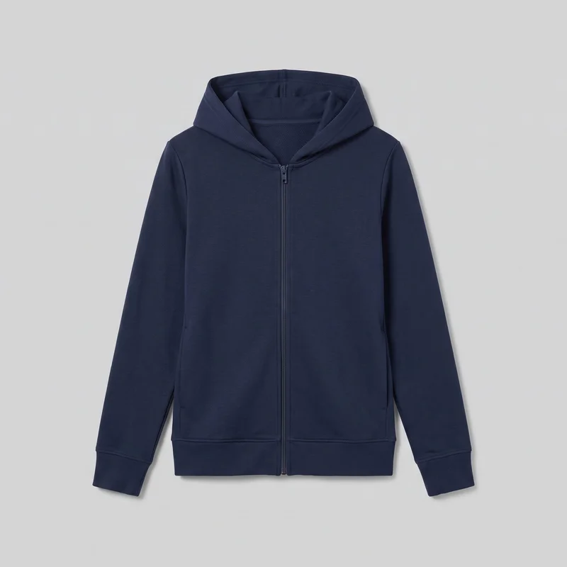 A women's navy hooded zip-up sweatshirt is laid flat and shown from the front. It has a regular straight silhouette with a hip-length body, full-length set-in sleeves, a full center zipper with a visible pull, two lower front side-entry pockets, ribbed cuffs, and a ribbed bottom hem band. The full hood, shoulder and sleeve seams, hood edge stitching, zipper tape, and topstitched hems are visible against a plain product backdrop.