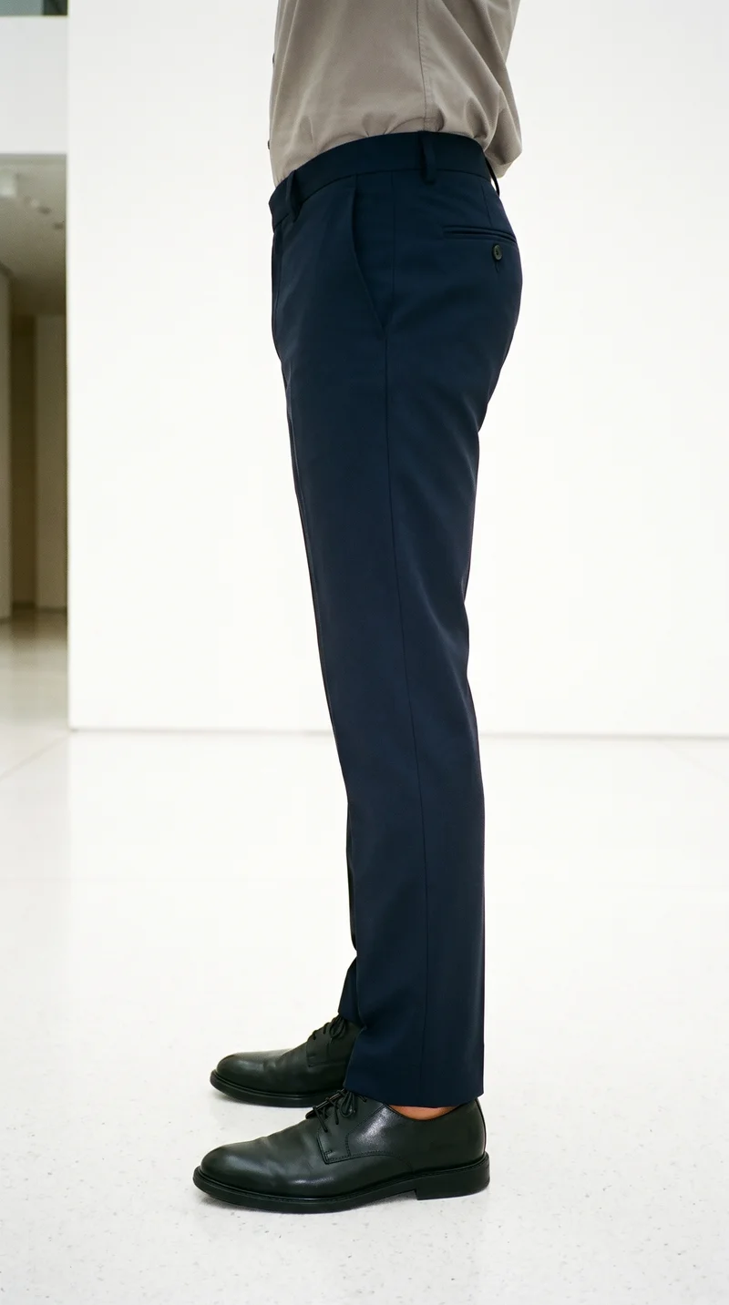 Men's Navy Wool Tailored Trousers, Lower body at Side, Clean Catalog lighting