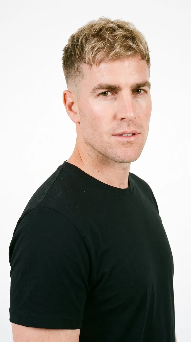 A 40-year-old Caucasian man with fair skin and a warm golden undertone. He has a Roman face shape with strong classical features, a prominent nose line, and a defined jaw. His medium-thickness eyebrows frame brown eyes, and he has full lips. His mid-tone blonde hair is styled in a short textured crop with layered texture on top and closely cut sides. He is clean-shaven, with smooth skin across the entire face.