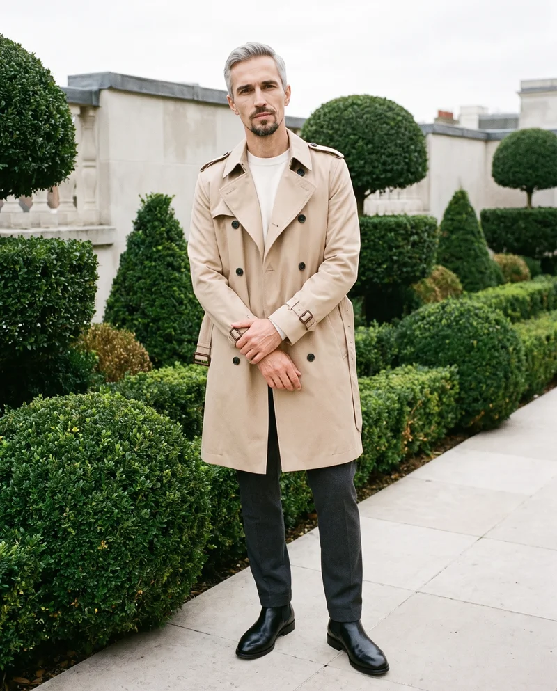 Men's Beige Classic Trench Coat, Full body at Three-quarter, Natural E-Commerce lighting