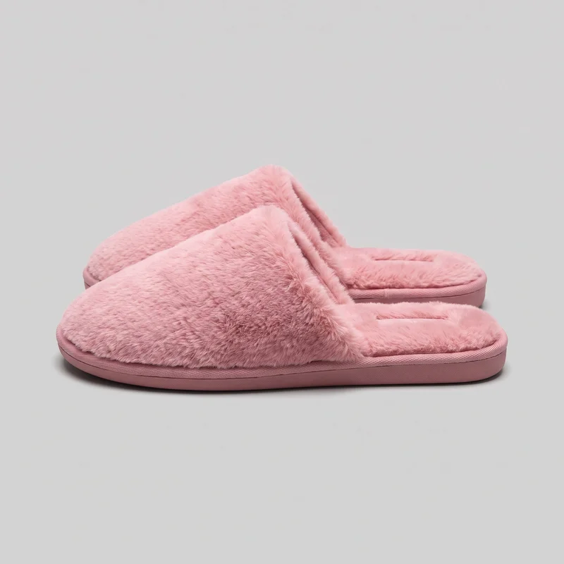 A pair of pink open-back slip-on house slippers is shown in a side-oriented standalone view. Each slipper has a rounded closed forefoot, broad vamp, shaggy plush covering on the upper and footbed, an open heel, bound edges, and a flat sole with a slightly raised sidewall.