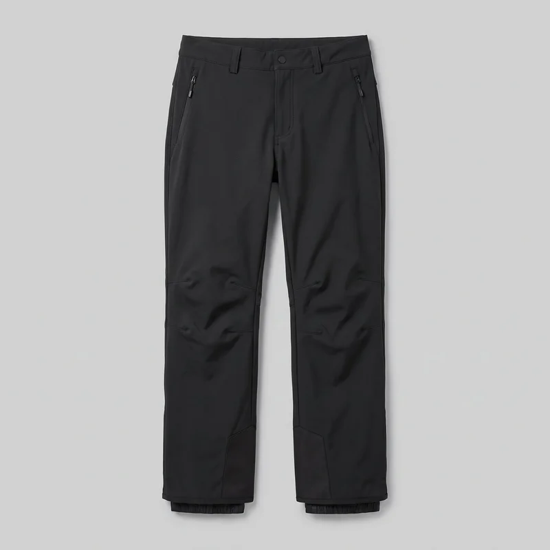 Men's black technical ski trousers shown laid flat in a standalone front view. The full-length, regular straight-leg design has a mid-rise waistband with belt loops, a front fly with a single round snap, two angled zip pockets at the upper hips, articulated knee seams, vertical outer-side seams, reinforced lower inner-leg panels, bound hems, and inner elastic gaiters visible below the cuffs.