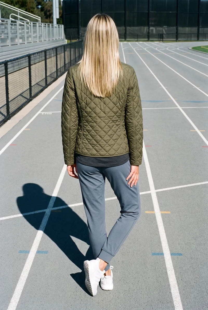A 21-year-old Caucasian woman wears a women's olive quilted jacket in a full-body back view, standing with one hip angled outward. A running track serves as the backdrop.