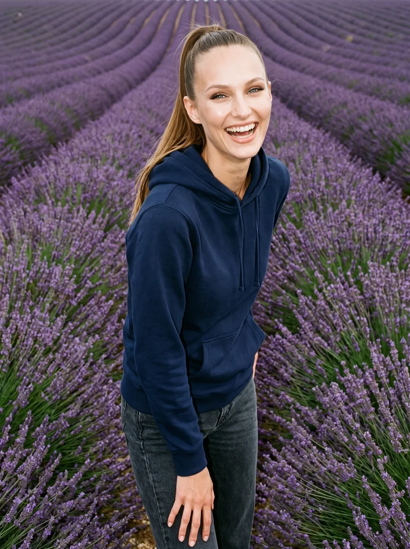 A 23-year-old Caucasian woman wears a navy cotton pullover hoodie in a front-view, three-quarter-length composition. She is shown with a waist twist and a laughing expression, against a lavender field backdrop.