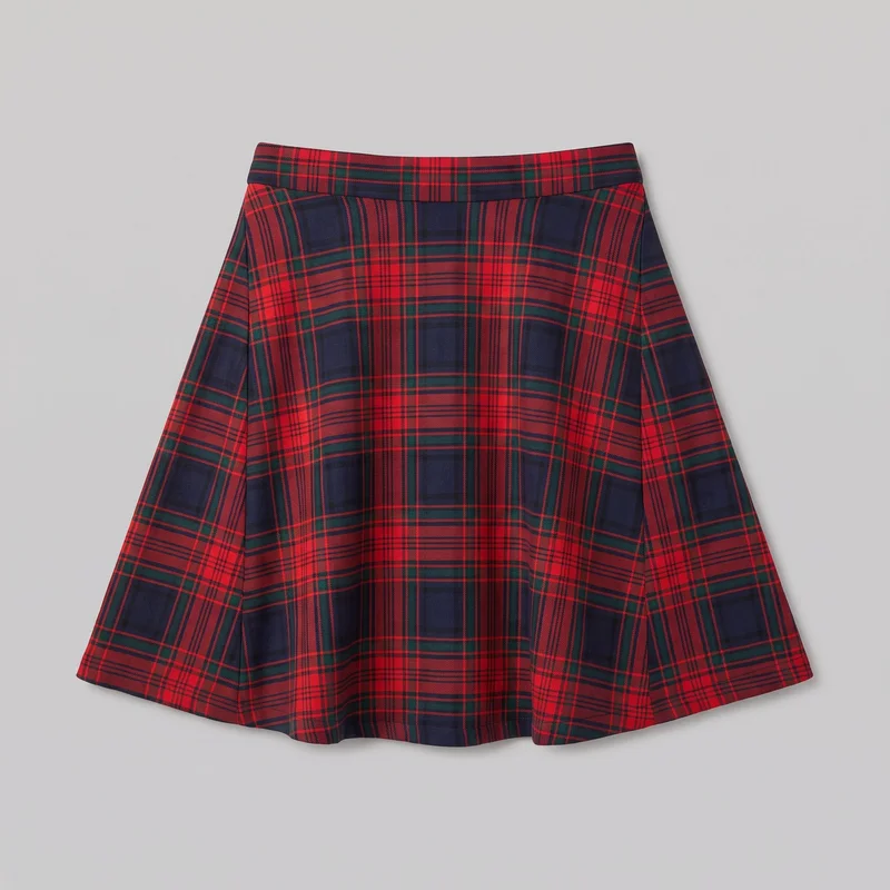 A mostly complete standalone view of a plaid A-line skirt laid flat, showing its regular fitted waist, wide straight waistband, panelled fullness, and broad flared shape ending in a straight lower hem. The all-over tartan pattern combines intersecting wide bands with fine stripe grids, while the waistband pattern runs horizontally across the top.