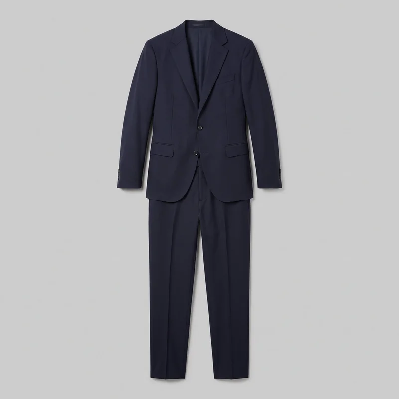A men's navy two-piece suit is shown in a mostly complete front view, laid flat or displayed without a visible body form. The centered single-breasted blazer has structured shoulders, long sleeves, notch lapels, a two-button closure, a welt chest pocket, flap waist pockets, and buttoned cuffs, with the matching straight-to-slightly-tapered trousers extending beneath it and showing pressed center creases.