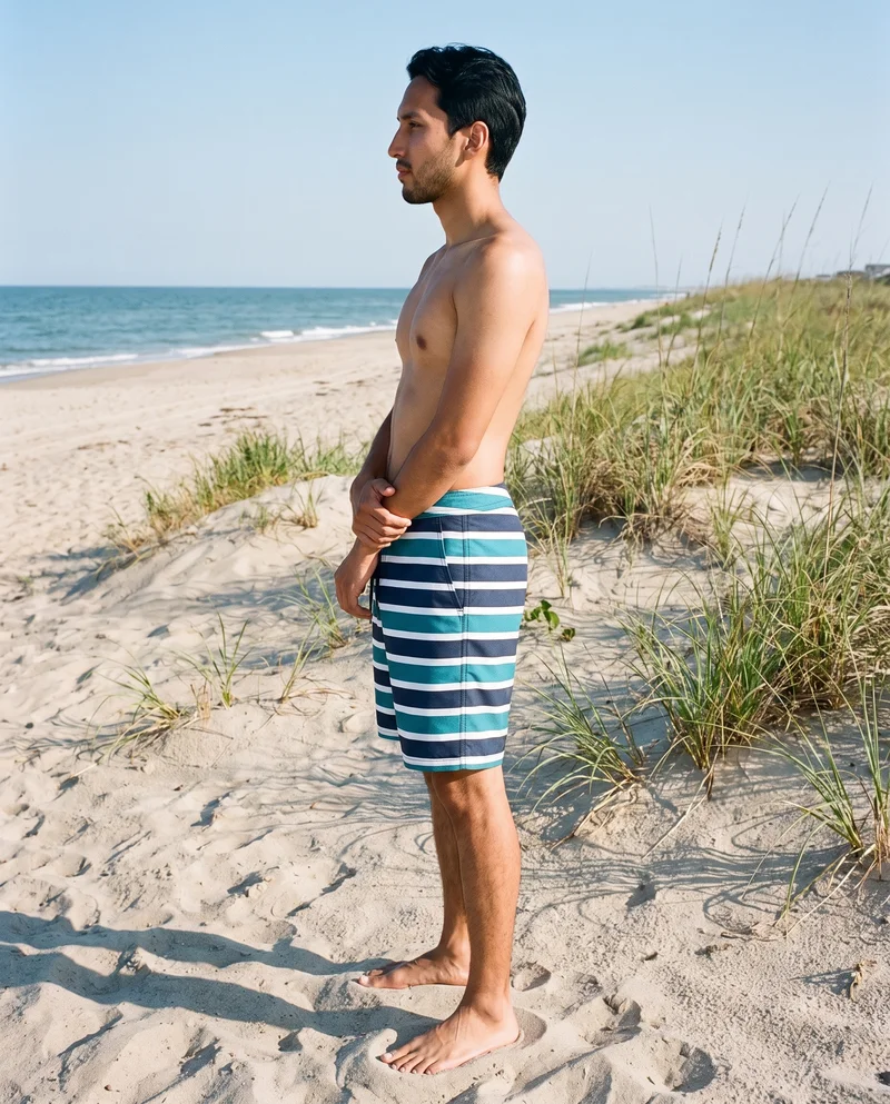 Striped Board Shorts, Full body at Side, Flash Editorial lighting