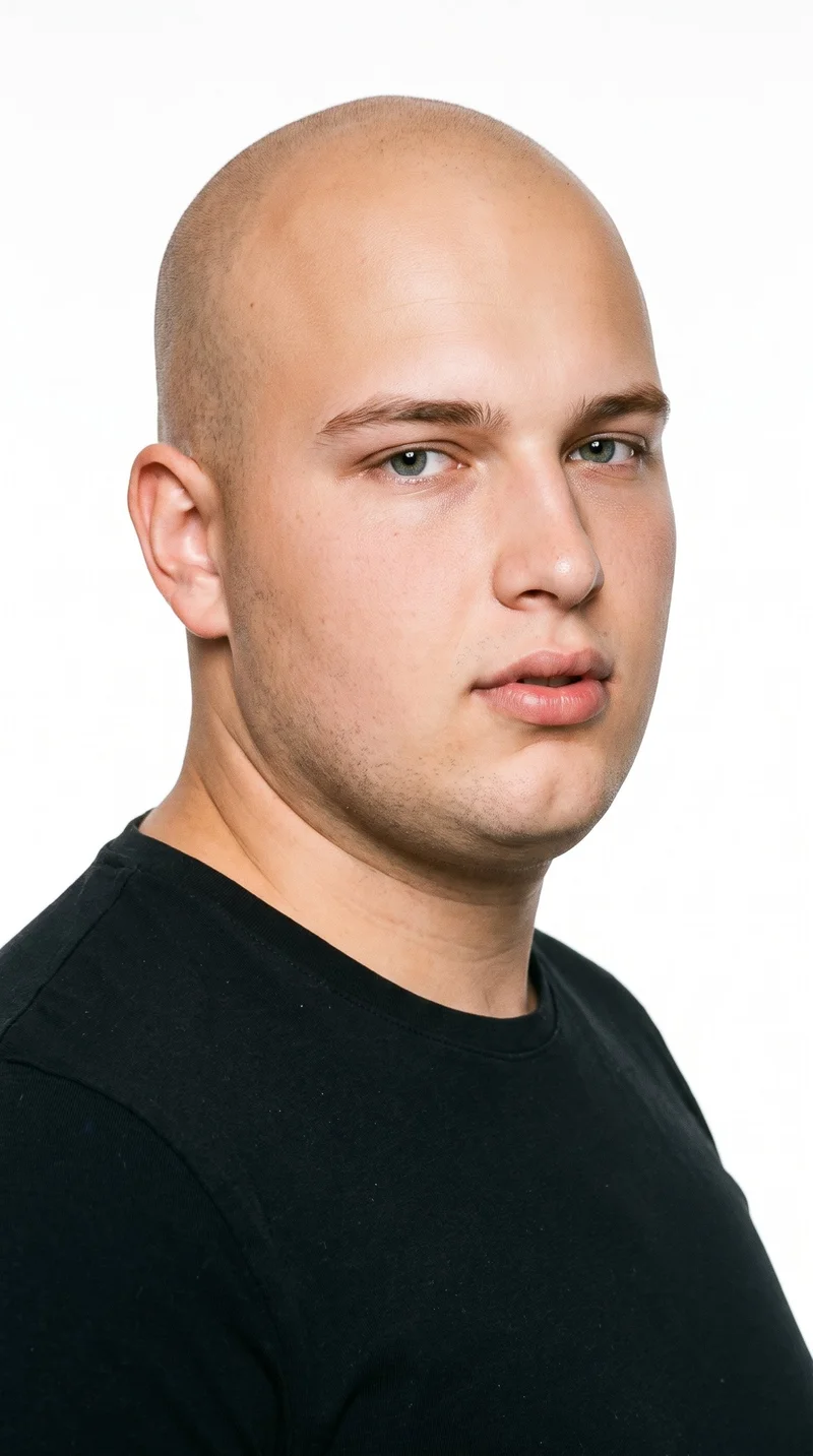An 18-year-old Caucasian male with lightly tanned fair skin and a cool undertone. He has a long face with more length than width, a tall forehead, and elongated cheeks. His eyebrows are thin, and his eyes are blue with a cool undertone. He has full lips, a bald scalp, and brown hair described as a neutral tone despite the absence of visible scalp hair. His face is clean-shaven, with no facial hair and smooth skin across the whole face.