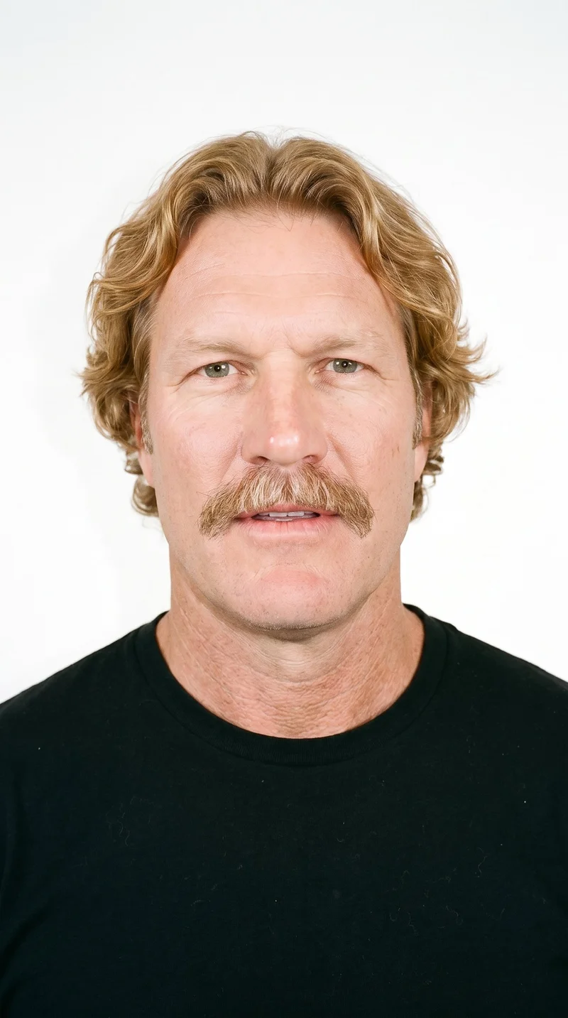 This 58-year-old Caucasian man has porcelain skin with a cool undertone and a rugged, weathered face defined by a heavy jaw. His eyebrows are thin, and his grey eyes have a cool, clear tone. He has thin lips and a thick chevron moustache over the upper lip, angled downward at the sides. His honey-blonde hair is styled in soft, natural waves.