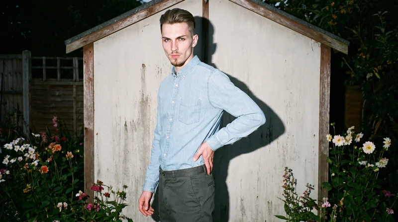A 23-year-old Caucasian man wears a light wash denim shirt, shown from a front three-quarter angle in a three-quarter-length frame. He stands with one hand on his lower back and a neutral expression against a garden shed backdrop.