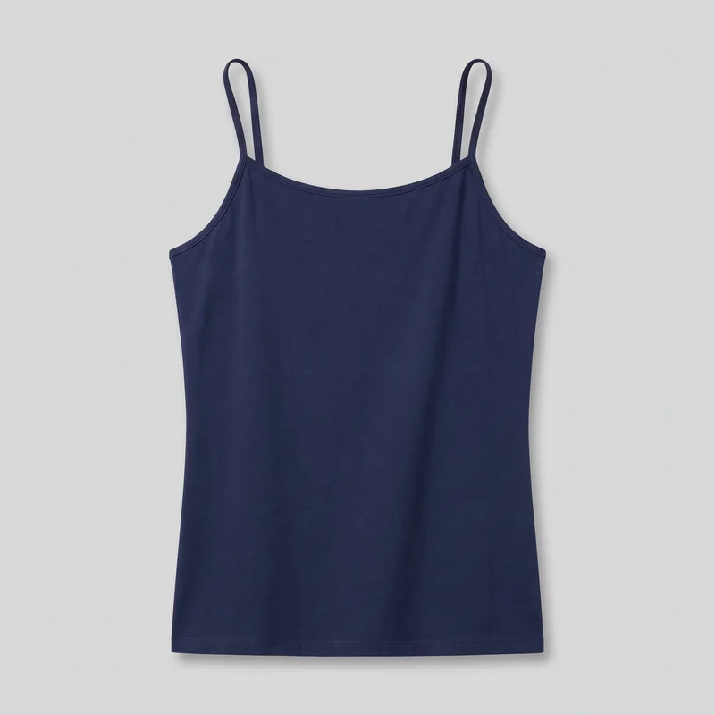 Navy camisole top shown as a standalone flat front view. It has narrow shoulder straps, a shallow straight-to-scoop neckline, bound neckline and armholes, a plain body-skimming silhouette, and a straight hem with visible stitching.