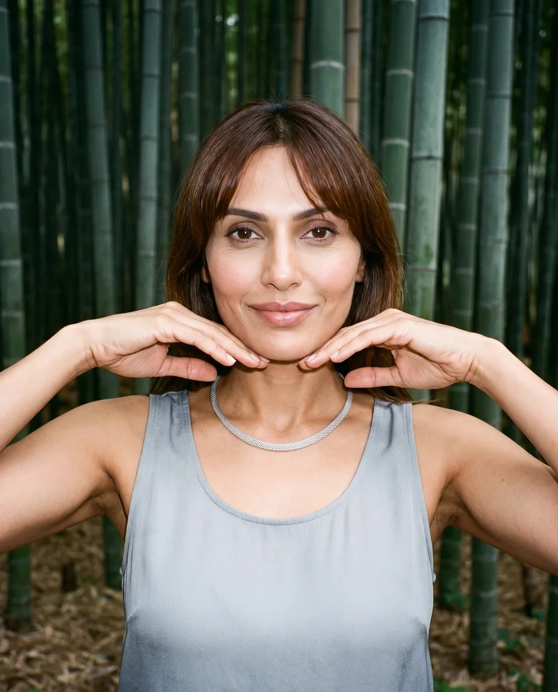 A smiling 34-year-old Indian woman is shown in a front-facing bust view wearing a silver choker, with her hands positioned at her jaw. A bamboo forest backdrop is visible behind her.