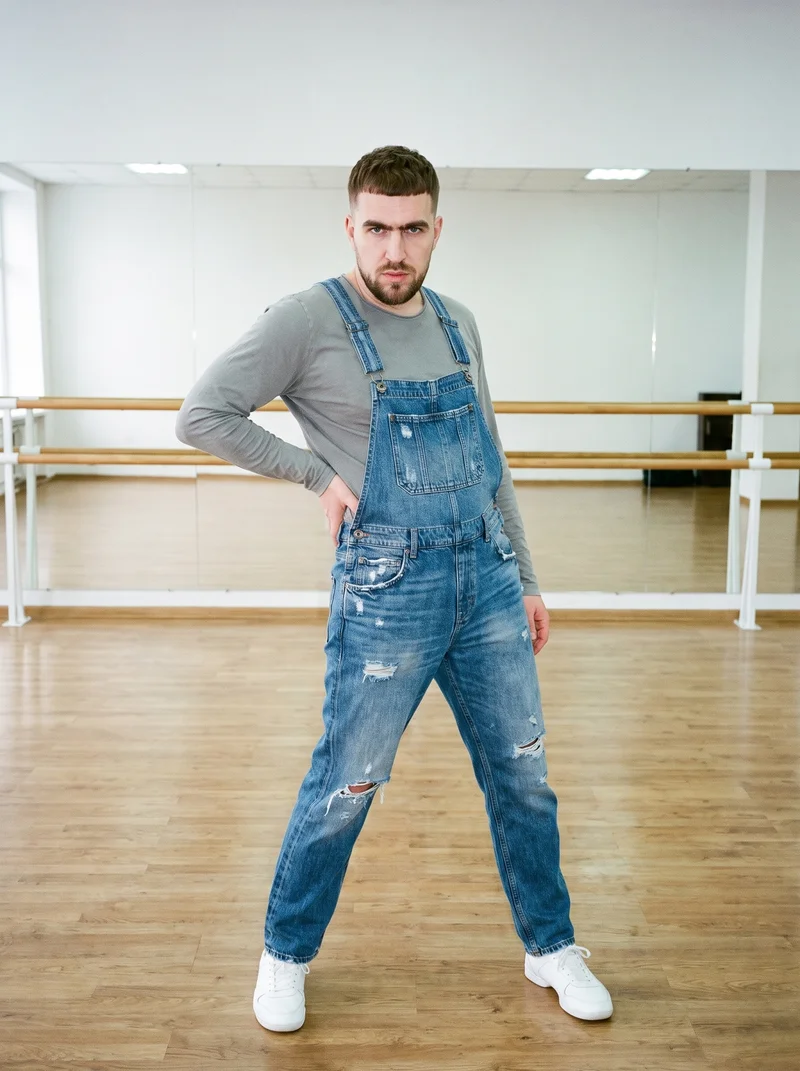 Men's Distressed Denim Dungarees, Environmental at Front, Clean Catalog lighting