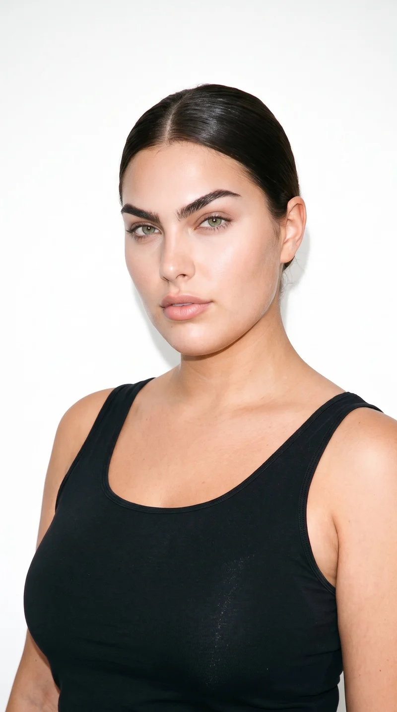 This 23-year-old Caucasian woman has a medium skin tone with a neutral undertone. Her diamond-shaped face has a narrow forehead and jaw, with the greatest width across the cheekbones. She has thick eyebrows, grey eyes with a cool, clear tone, and full lips. Her dark-brown hair is smoothed back into a neat low bun at the nape.