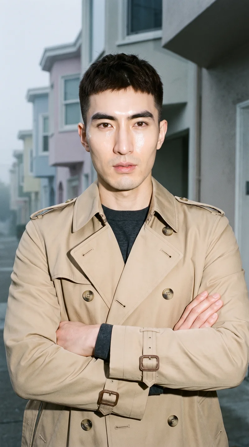Men's Khaki Belted Trench Coat, Upper body at Front, Flash Editorial lighting