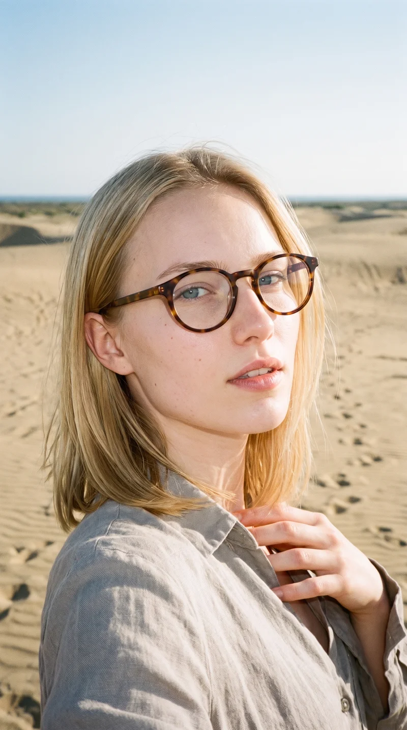 Women's Tortoiseshell Round Optical Frame, Selfie at Front, Clean Catalog lighting