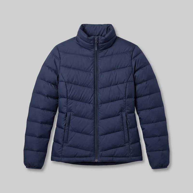 A women's navy insulated down jacket is shown laid flat in a complete front view against an unspecified backdrop. The hip-length jacket has a regular fit, long sleeves, a high padded stand collar, a full-length center-front zipper, horizontal quilted baffles, shaped vertical side-panel seams, two lower zippered hand pockets, gathered elasticated cuffs, and a straight hem.