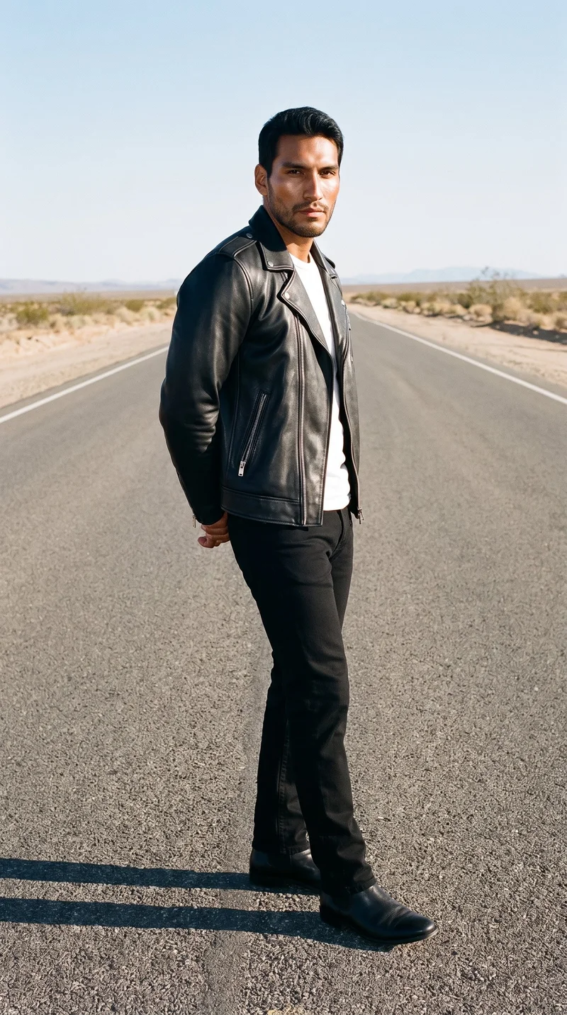 A 24-year-old Indigenous American man wears a black biker leather jacket in a full-body, angled-front view. He stands with his hands behind his back and a natural facial expression against an endless desert highway backdrop.