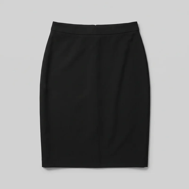 Black women's tailored pencil skirt laid flat in a standalone view, shown from the wide waistband to the straight hem. The skirt has a smooth front panel, subtle side seams, and sides that taper slightly to skim the hips and hang close through the body.