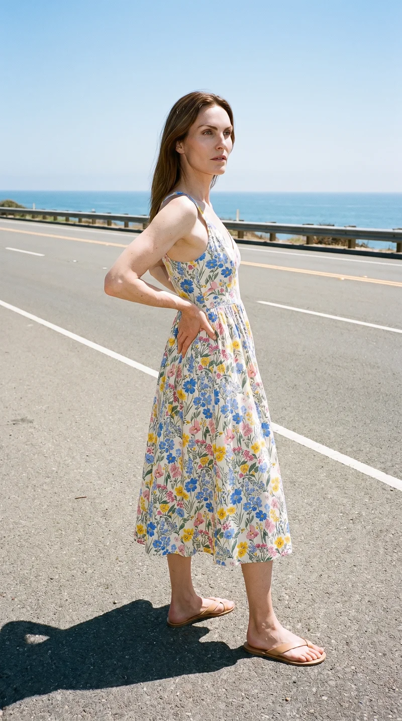 A 56-year-old Caucasian woman wears a floral print midi dress in an environmental front three-quarter view. She poses with one hand on her lower back and a soft facial expression, with a Pacific Coast Highway backdrop.