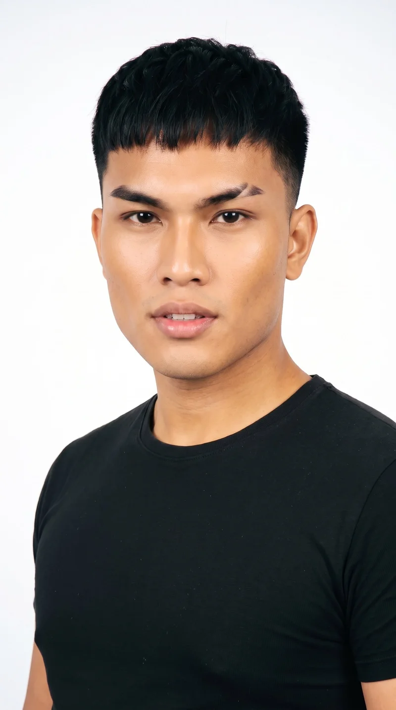 This 21-year-old Southeast Asian man has a warm honey skin tone with a neutral undertone. His face is sharply angular, with a defined jaw and pronounced cheekbones. He has thin eyebrows, very dark near-black eyes, and medium lips. His black hair is styled in a short French crop with short sides and a clean, blunt fringe. He is clean-shaven, with smooth skin across his face.