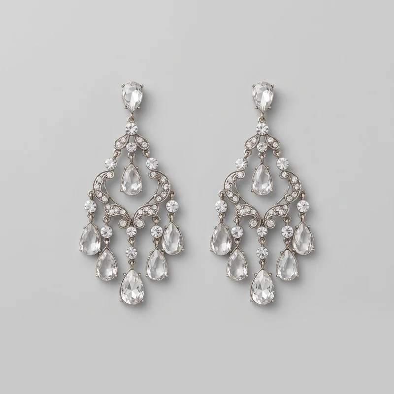 A complete matching pair of crystal chandelier drop earrings lies flat against a plain backdrop. Each earring has a tiered design with a pear-shaped faceted top stone, a small connector ring, a round faceted stone, and an open scrollwork frame formed by branching teardrop motifs. Multiple articulated strands hang from the lower section, with round connector stones and pear-shaped faceted drops, including central drops suspended within the frames and additional drops along the bottom edges. Tiny pavé-like stones densely decorate the frames, with bead-like prong tips around the larger pear-shaped stones.