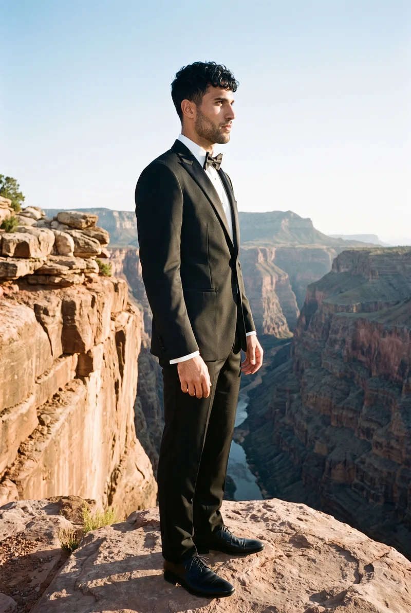 A 25-year-old Caucasian man wears a black classic tuxedo in a full-body side view, standing with his hip out and a natural facial expression. A canyon-edge backdrop is visible behind him.