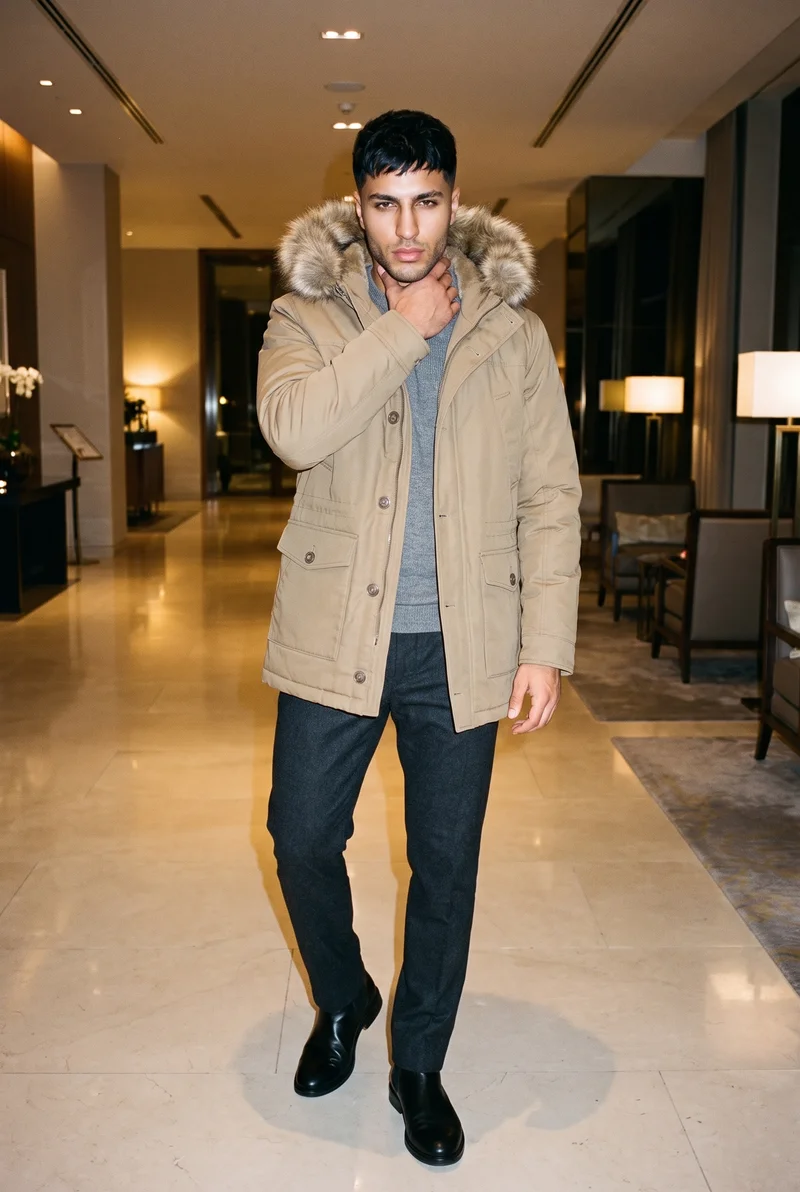 Men's Khaki Fur-Hood Parka, Full body at Front, Clean Catalog lighting