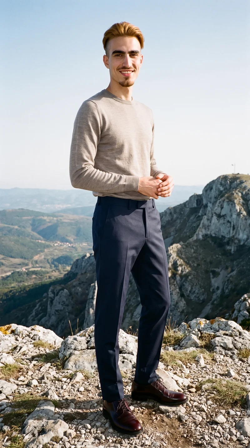 Men's Navy Wool Suit Trousers, Full body at Three-quarter, Clean Catalog lighting