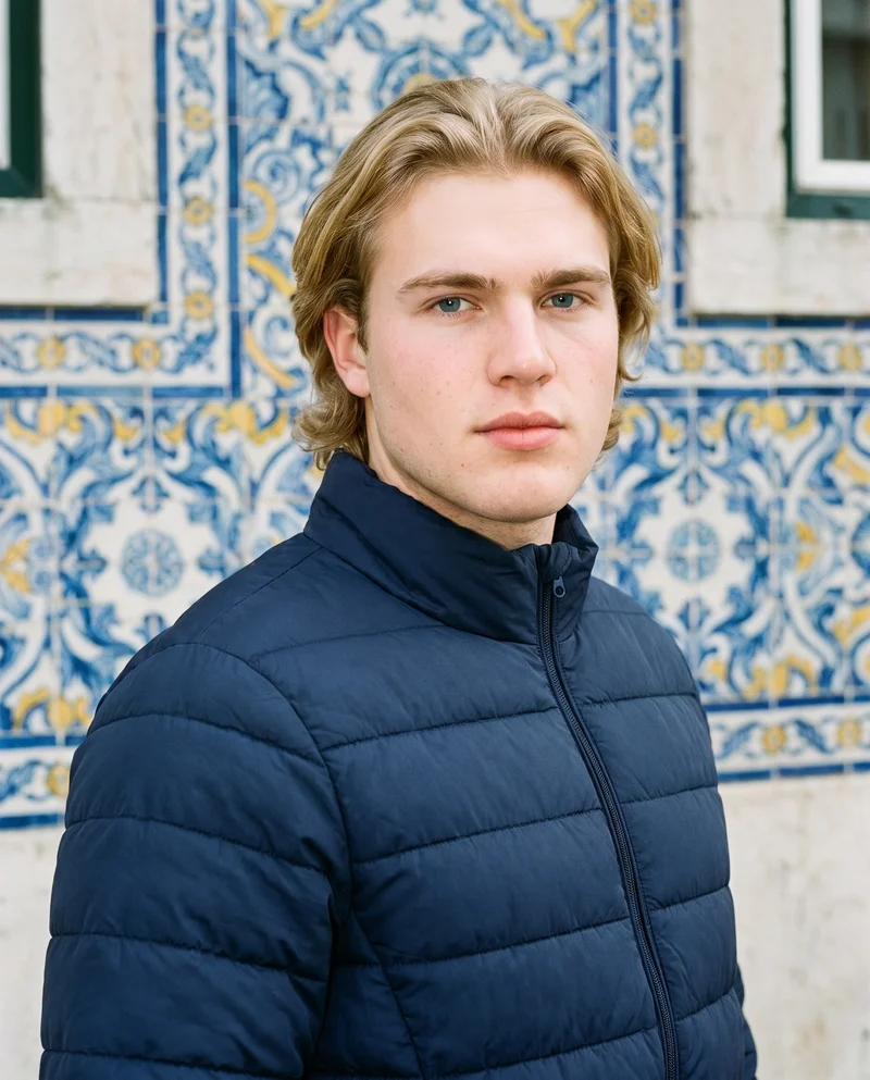 A 19-year-old Caucasian male model wears a men's navy padded jacket in a bust-length view. He is shown from a front three-quarter angle with a shoulder-drop pose and a serious facial expression, against a Portuguese tile street backdrop.