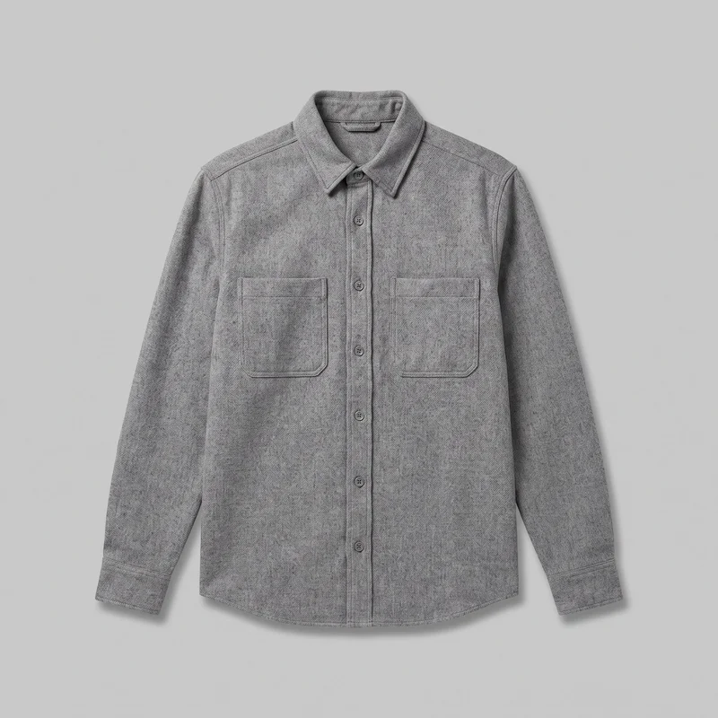 Grey wool overshirt shown laid flat in a standalone front view. The long-sleeve button-up shirt has a pointed collar, full front button placket, regular straight-cut silhouette, cuffed sleeves, slightly rounded hem, and two rectangular patch chest pockets with visible topstitching.