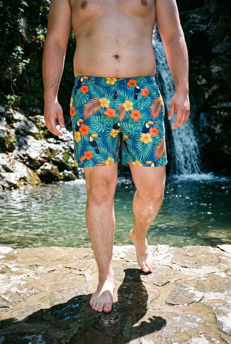 A male model is shown from the front while walking, with the lower body framed to highlight tropical print board shorts. A waterfall pool forms the backdrop.