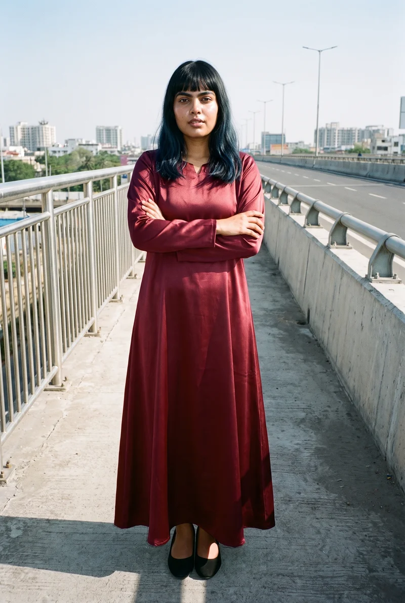 A 24-year-old Indian woman wears a burgundy satin abaya in a full-body front three-quarter view. She poses in a self-hug stance with a confident expression, against a highway overpass backdrop.