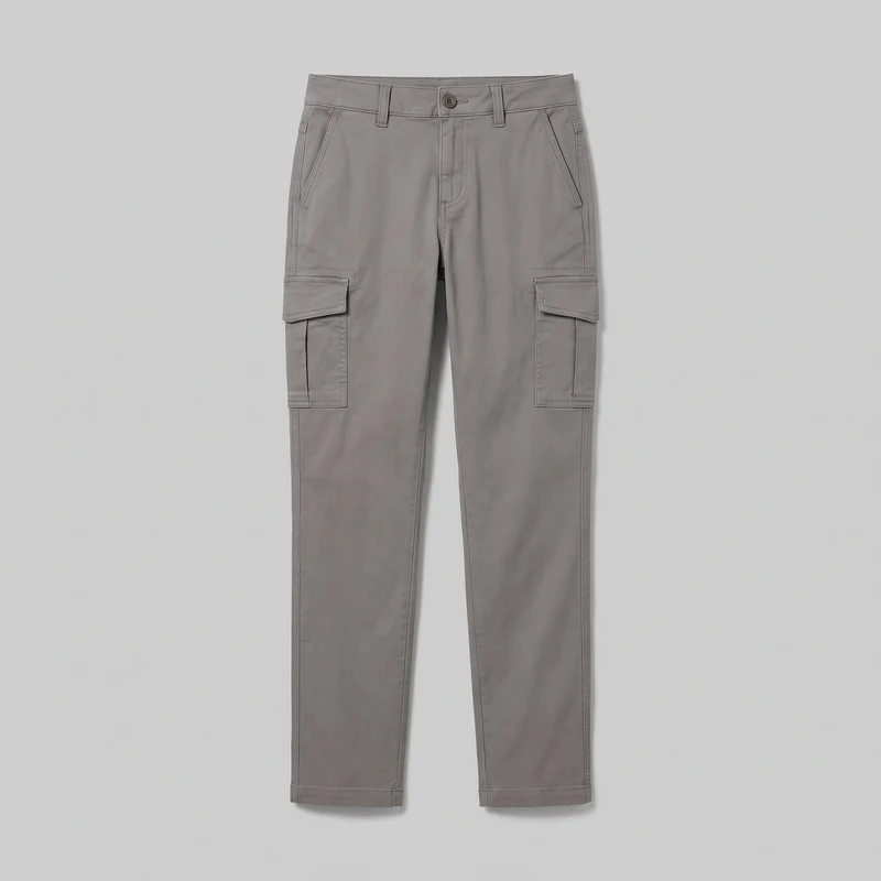 Grey women's cargo pants are shown laid flat in a complete front view. The pants have a regular fit, mid-rise waistband with belt loops, a front fly with one visible top button, angled hand pockets at the hips, panel seams along the outer legs, and flap cargo pockets on both thighs. The full-length legs taper slightly and end in plain stitched hems, with reinforced topstitching visible throughout.