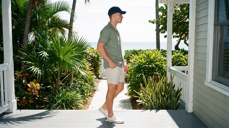 A 20-year-old Caucasian man wears a navy cotton baseball cap in side view, with one foot forward and a neutral expression. The environmental composition uses a Key West porch as the backdrop.
