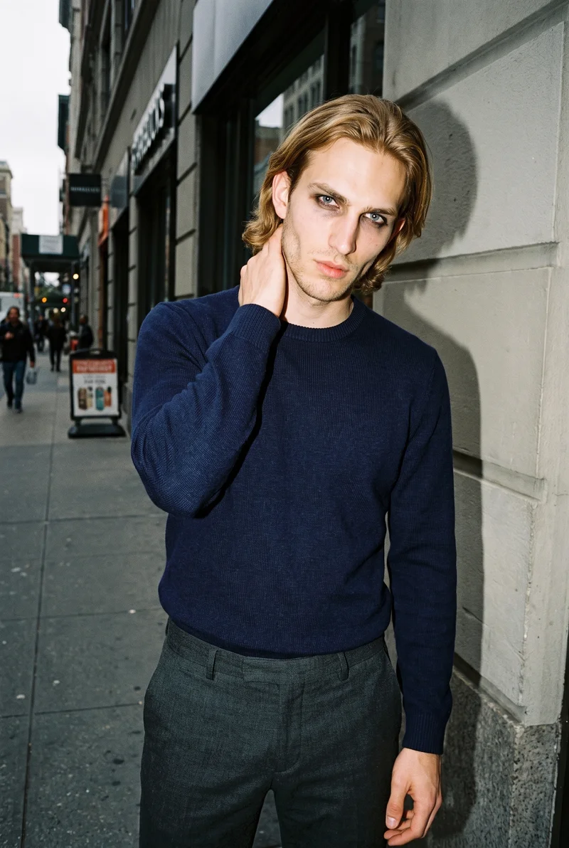 Men's Navy Wool Pullover Jumper, Upper body at Front, Flash Editorial lighting